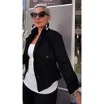 Kadın Beli Lastikli Mono Yaka Biker Jean Ceket - Siyah