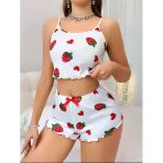 Kadın Beyaz Çilek desenli Şortlu Pijama Takımı 5053