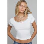 Kadın Beyaz Göğsü ve Kolları Dantelli Fiyonklu Kısa Kol Crop Top Bluz
