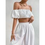 Kadın Beyaz Off Shoulder Crop Bluz – Askılı, Lastikli, Kısa Kollu Yazlık Şık Üst
