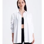 Kadın Beyaz Oversize Likralı Pamuklu Cepli Uzun Kol Gömlek