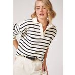 Kadın Beyaz Polo Yaka Crop Kesim Triko Kazak