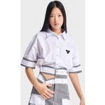 Kadın Beyaz Renk Oversize Kemer Detaylı Önü Düğmeli Crop Top Kumaş Gömlek