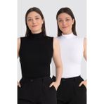 Kadın Beyaz Siyah 2'li Kolsuz Body Balıkçı Yaka - Beyaz - Siyah - 2XL