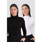 Kadın Beyaz - Siyah Balıkçı Yaka Uzun Kollu Body 2'li Paket - 3XL