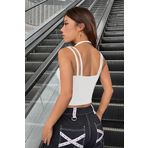 Kadın Beyaz Siyah Çift Renk Çapraz Askılı Crop Top Bluz