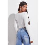 Kadın Beyaz Uzun Kollu Büzdürme Bağcık Detaylı Crop Top Bluz