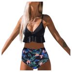 Kadın bikini seti, fırfırlı, seksi, yüksek bel, tankini, destekli, dolgulu, mayo, V yaka, çiçekler, bölünmüş mayo, şık plaj modası, Siyah, 38