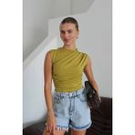 Kadın Bisiklet Yaka Büzgülü Sandy Sıfır Kol Bluz - XL - Yeşil