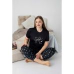 Kadın Bisiklet Yaka Düğmesiz Battal Kesim Viskon Yazlık Kısa Kol Büyük Beden Pijama Takımı - Siyah - 3XL