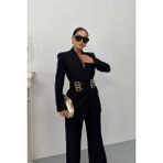 Kadın Blazer Ceket Şık Kruvaze Yaka Vatkalı Gold Kemer Detaylı Ceket - Siyah - 40