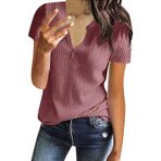 Kadın bluz kısa kollu tişört üst parça V kesimli şık yazlık tişörtler moda bol kadın bluzları waffle örgü malzeme gömlek bluz tişört üst giyim, D-Lila, XL