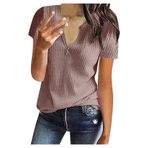 Kadın bluz kısa kollu tişört üst parça V yaka şık yazlık tişörtler moda bol kadın bluzları waffle örgü malzeme gömlek bluz tişört üst giyim, H-lila, 5XL