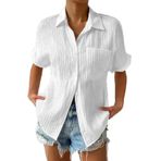 Kadın bluz kısa kollu V yaka gömlek bluz yazlık tişört büyük beden Basic Tops bluz düğmeli gömlek göğüs cepli tunik üst giyim büyük beden bol üst uzun gömlek, B – Beyaz., XL