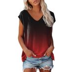 Kadın bluzları kısa kollu yazlık tişört üst parça moda bol renk geçişli gömlek V yaka tunik üst giyim hafif yaz tişörtü genç kız spor tişörtü rahat uzun gömlek bluz üst giyim, Kırmızı, M