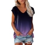 Kadın bluzları kısa kollu yazlık tişört üst parça moda bol renk geçişli gömlek V yaka tunik üst giyim hafif yaz tişörtü genç kız spor tişörtü rahat uzun gömlek bluz üst giyim, Mor, S