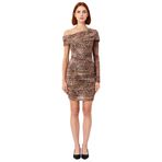 Kadın Bodycon Asimetrik Yaka Tek Kol Mini Tül Elbise Animal Deseniyle Özel Davetlerin Gözdesi-Koyu Kahverengi-36