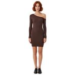 Kadın Bodycon Asimetrik Yaka Uzun Kollu Fitilli Örme Mini Elbise Gündüz Gece Davet Stili Kaliteli-Kahverengi-S