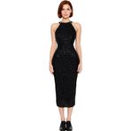 Kadın Bodycon Halter Yaka Midi Boy Astarlı Parıltılı Pul İşlemeli Şık Abiye Gece Elbisesi Kaliteli-Siyah-42