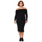 Kadın Bodycon Kesim Carmen Yaka Düz Uzun Kollu Triko Midi Elbise Kış Aylarının Şık Ve Rahat Gündüz-Siyah-XL