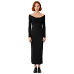 Kadın Bodycon Kesim Carmen Yaka Uzun Kollu Örme Midi Elbise Şık Gece Davetleri İçin İdeal Seçim-Siyah-40