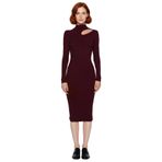 Kadın Bodycon Kesim Midi Uzun Kollu Triko Elbise Dik Yaka Cut Out Detaylı Şık Fitilli Tasarım-Mürdüm-M