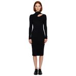 Kadın Bodycon Kesim Midi Uzun Kollu Triko Elbise Dik Yaka Cut Out Detaylı Şık Fitilli Tasarım-Siyah-L