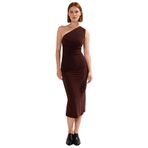 Kadın Bodycon Tek Omuz Midi Elbise Drapeli Şık Tasarımıyla Esnek Örme Kumaş Konforu Sunuyor-Kahverengi-M