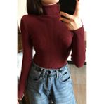 Kadın Boğazlı Şardonlu Kaşkorse Kurtarıcı Siyah Fitilli Body Kazak - 03R-Bordo - L - XL