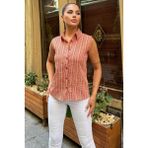 Kadın Bordo Çizgili Desen, Dokulu Bodrum Kumaş, Kolsuz Rahat Gömlek - 38