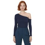 Kadın Bordo Fitted Vücuda Oturan Asimetrik Yaka Düşük Kol Örme Bluz Uzun Kollu Crop Kesim Rahat_Indigo-2XS