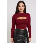 Kadın Bordo Göğüs Dekolteli Uzun Kollu Cut Out Crop Top Bluz – Şık, Rahat Ve Kolay Kombinlenebilir