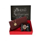 Kadın Bordo Kol Saatı-Cuzdan-Kolye-Bıleklık Set