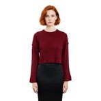 Kadın Bordo Oversize Kesim Fitilli Triko Crop Kazak Uzun Kollu Bisiklet Yaka Günlük Şıklık -Bordo-S