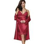 Kadın Bordo Saten Dantelli Sabahlıklı Gecelik Takımı, M, B5351NT-19804IGP27191024
