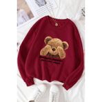 Kadın Bordo Utangaç Ayıcık Baskılı Bisiklet Yaka Sweatshirt