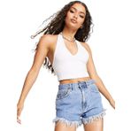 Kadın Boyun Askılı U Yaka Beyaz Crop Top Bluz (Beyaz, L)