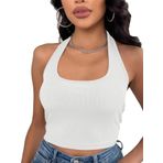 Kadın Boyun Askılı U Yaka Beyaz Renk Fitilli Crop Top Bluz (Beyaz, S)