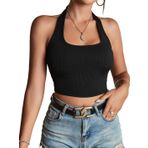 Kadın Boyun Askılı U Yaka Siyah Renk Fitilli Crop Top Bluz (Siyah, S)