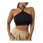 Kadın Boyundan Bağlamalı Siyah Renk Crop Top Bluz