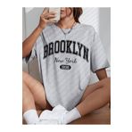 Kadın Brooklyn Baskılı Oversize Salaş Beyaz T-shirt Ünisex Boyfirend Gri11 XL