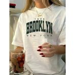 Kadın Brooklyn Harf Baskılı T-Shirt, Rahat Kısa Kollu Bol T-Shirt, Kadın Giyim - Beyaz