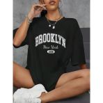 Kadın Brooklyn Harf Baskılı T-Shirt, Rahat Kısa Kollu Bol T-Shirt, Kadın Giyim - Siyah