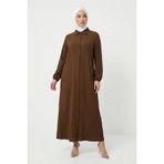 Kadın Bürümcük Kumaş Boydan Düğmeli Tesettüre Uygun Uzun Elbise-Kahverengi-5XL