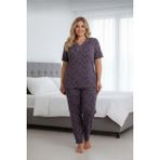 Kadın Büyük Beden Desenli Dantel Detaylı Bambu Kısa Kollu Pijama Takımı (Füme, 5XL)