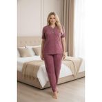 Kadın Büyük Beden Desenli Dantel Detaylı Bambu Kısa Kollu Pijama Takımı (Pudra, 3XL)
