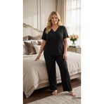 Kadın Büyük Beden Desenli Dantel Detaylı Bambu Kısa Kollu Pijama Takımı (Siyah, 5XL)