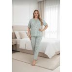 Kadın Büyük Beden Desenli Dantel Detaylı Bambu Kısa Kollu Pijama Takımı (Yeşil, 3XL)