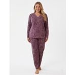Kadın Büyük Beden Desenli Uzun Kollu Bambu Pijama Takımı (Mürdüm, 4XL)