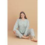 Kadın Büyük Beden Desenli Yakası Düğmeli Uzun Kollu Bambu Pijama Takımı - Mint Yeşil - 4XL
